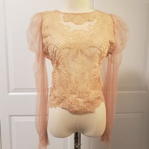 NWT Ethereal Victorian Peach Tulle Embroidery Puff Sleeve Blouse Zip Up